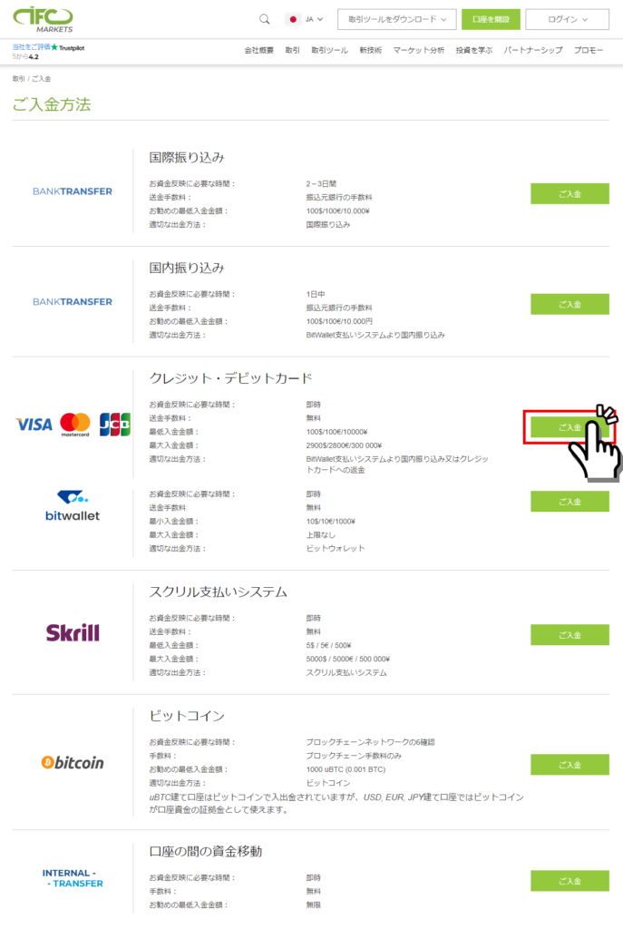 IFC Markets入金画面