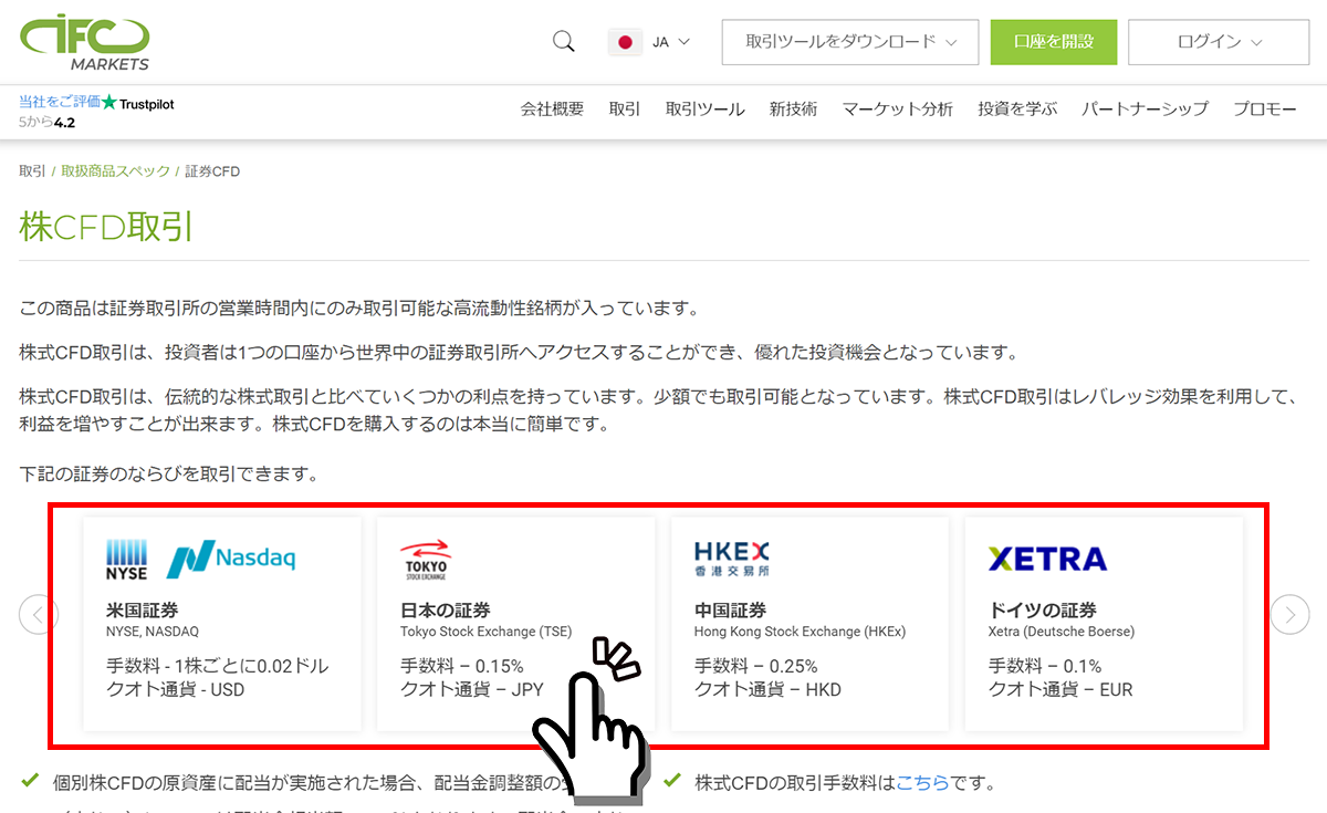 IFC Markets公式サイト 株CFD取引解説画面